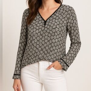 ZARA Basic Black Floral Lace-Up Sheer Blouse Size M